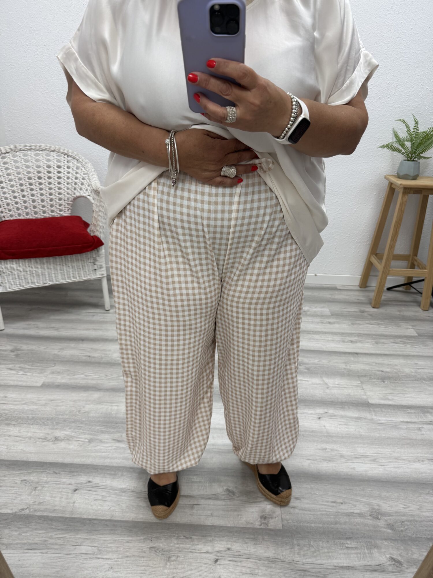 Pantalón vichy bombacho tostado
