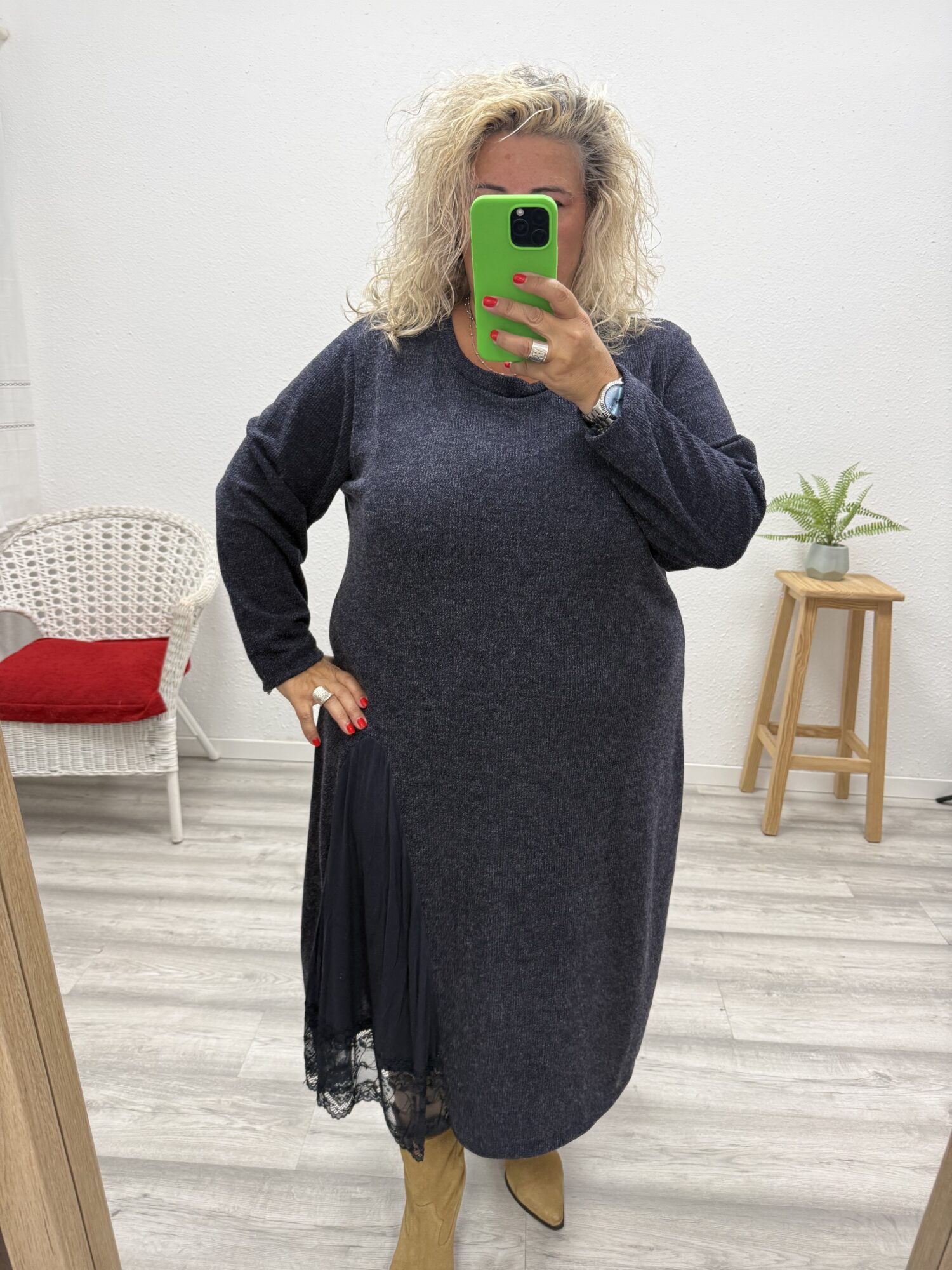 Vestido punto encaje azul marino